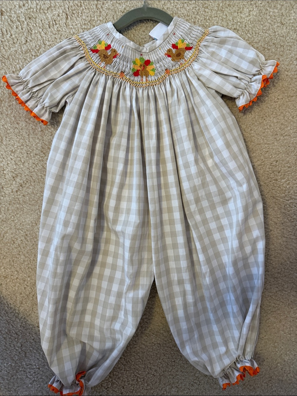 Smocked Gingham Kids 2T Thanksgiving turkey Romper in Beige with Orange Trim